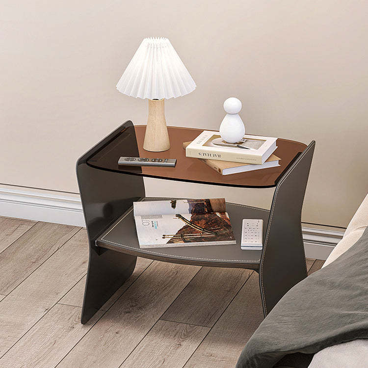 Modern Glass Stainless Steel Saddle Leather 2-Tier End Table
