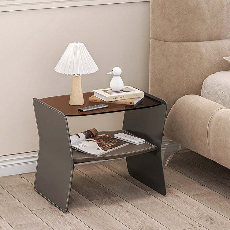 Modern Glass Stainless Steel Saddle Leather 2-Tier End Table