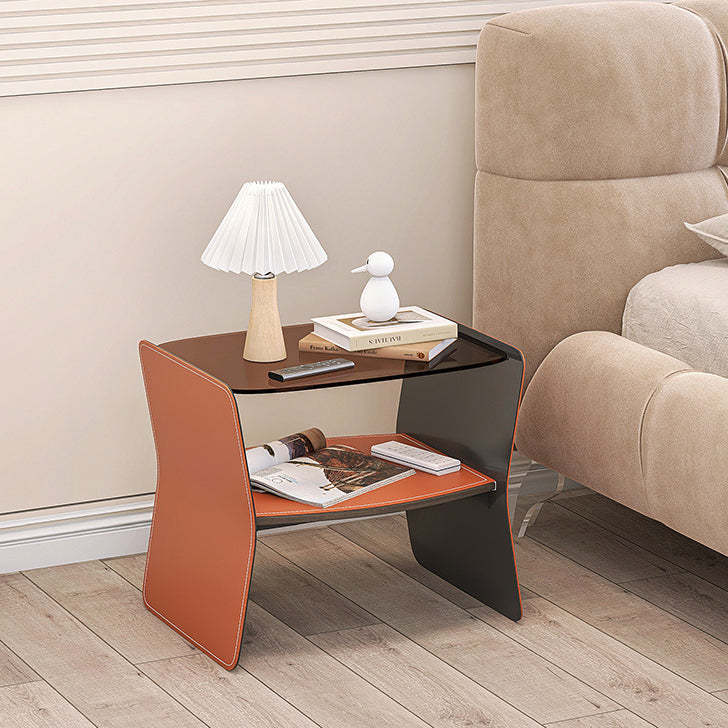Modern Glass Stainless Steel Saddle Leather 2-Tier End Table