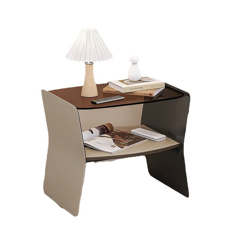 Modern Glass Stainless Steel Saddle Leather 2-Tier End Table