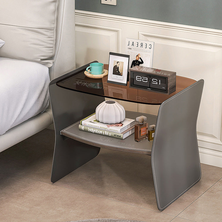 Modern Glass Stainless Steel Saddle Leather 2-Tier End Table