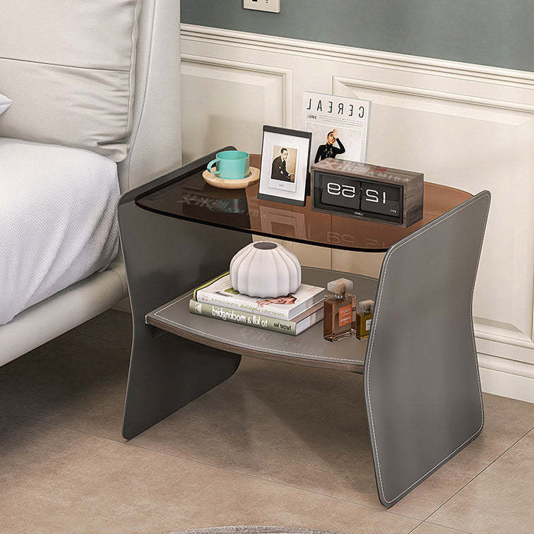 Modern Glass Stainless Steel Saddle Leather 2-Tier End Table — Gray