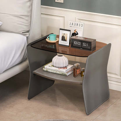Modern Glass Stainless Steel Saddle Leather 2-Tier End Table — Gray