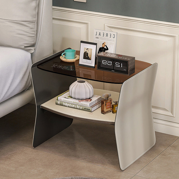 Modern Glass Stainless Steel Saddle Leather 2-Tier End Table — Light Gray