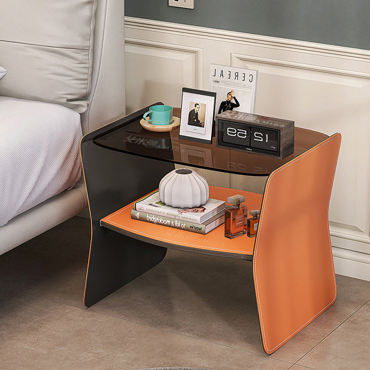 Modern Glass Stainless Steel Saddle Leather 2-Tier End Table — Sunset Orange