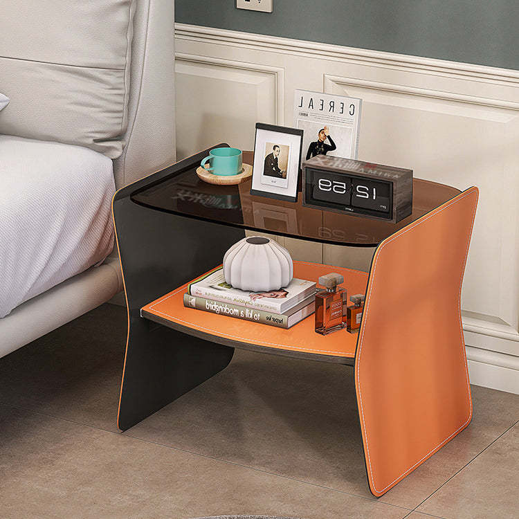 Modern Glass Stainless Steel Saddle Leather 2-Tier End Table — Sunset Orange