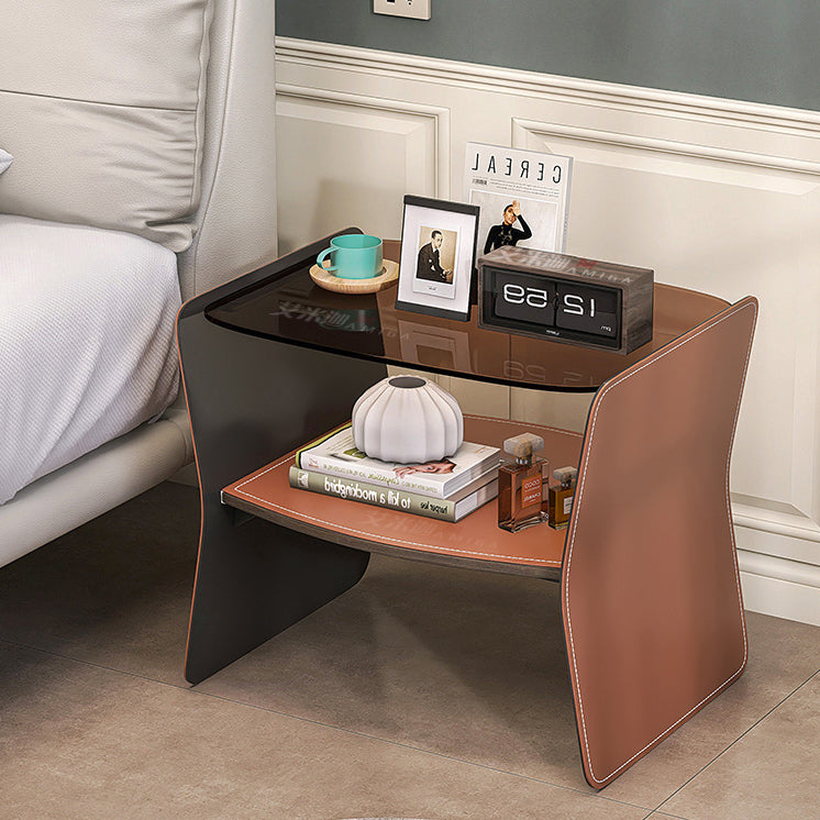 Modern Glass Stainless Steel Saddle Leather 2-Tier End Table — Brown
