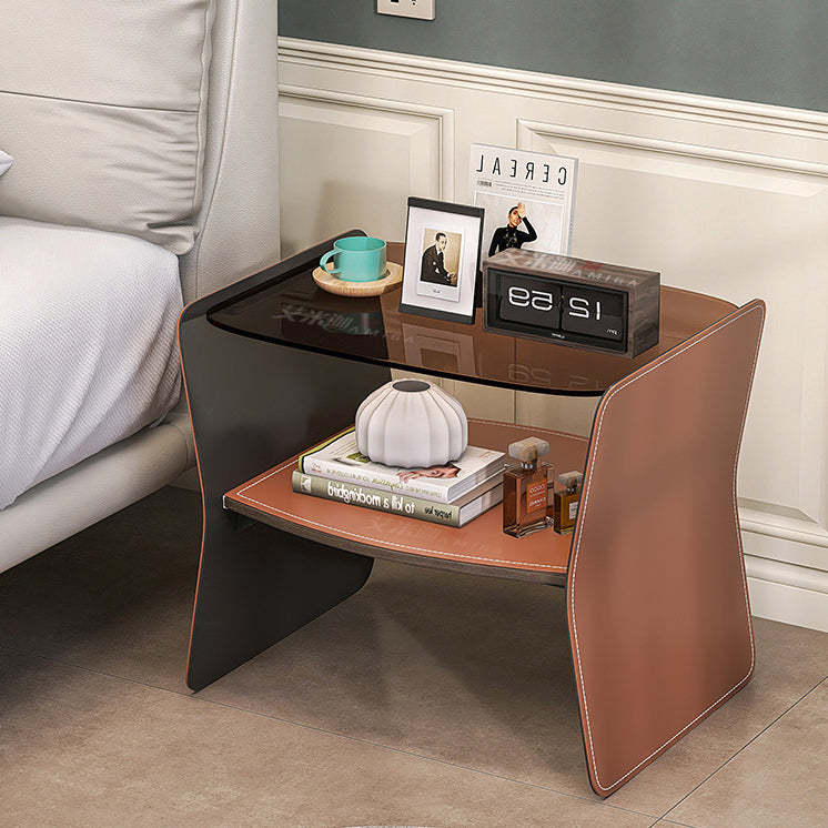 Modern Glass Stainless Steel Saddle Leather 2-Tier End Table — Brown