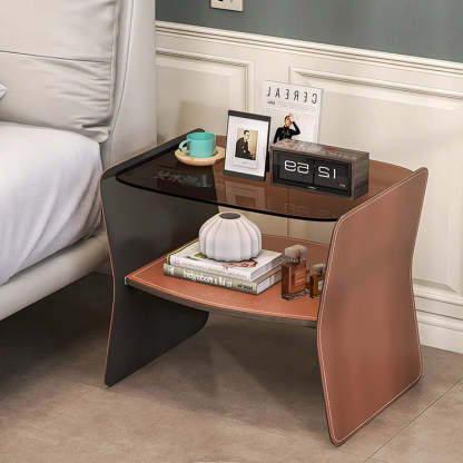 Modern Glass Stainless Steel Saddle Leather 2-Tier End Table — Brown