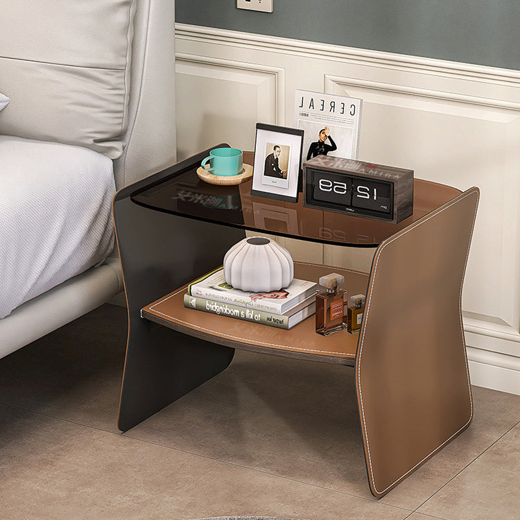 Modern Glass Stainless Steel Saddle Leather 2-Tier End Table — Dark Blue