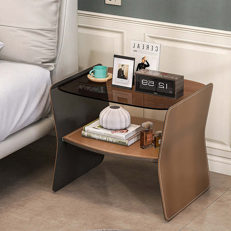 Modern Glass Stainless Steel Saddle Leather 2-Tier End Table — Dark Blue