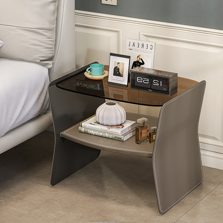 Modern Glass Stainless Steel Saddle Leather 2-Tier End Table — Beige