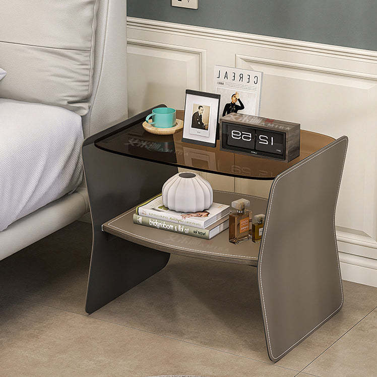 Modern Glass Stainless Steel Saddle Leather 2-Tier End Table — Beige