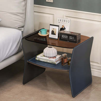 Modern Glass Stainless Steel Saddle Leather 2-Tier End Table