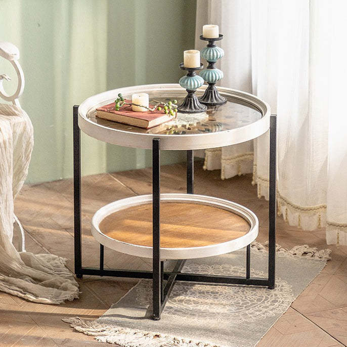 Nordic Wood Iron Glass Coffee Table 2-Tier — White + Black
