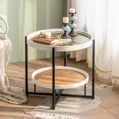 Nordic Wood Iron Glass Coffee Table 2-Tier — White + Black