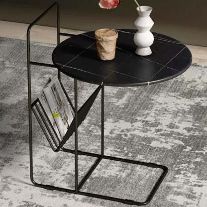 Luxury Rock Slab Steel Round End Table — Black