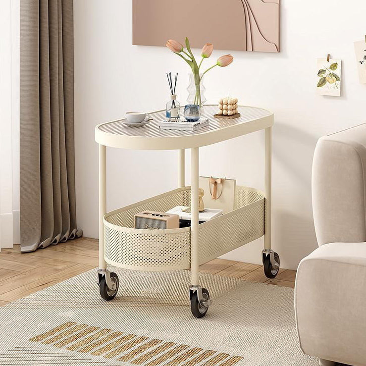 Modern Oval Glass Iron Movable End Table — Water Grain Glass / White