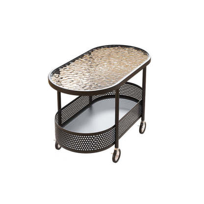 Modern Oval Glass Iron Movable End Table — Water Grain Glass / Black
