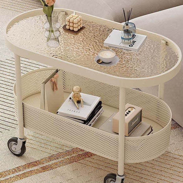 Modern Oval Glass Iron Movable End Table — Tea Color Glass / White