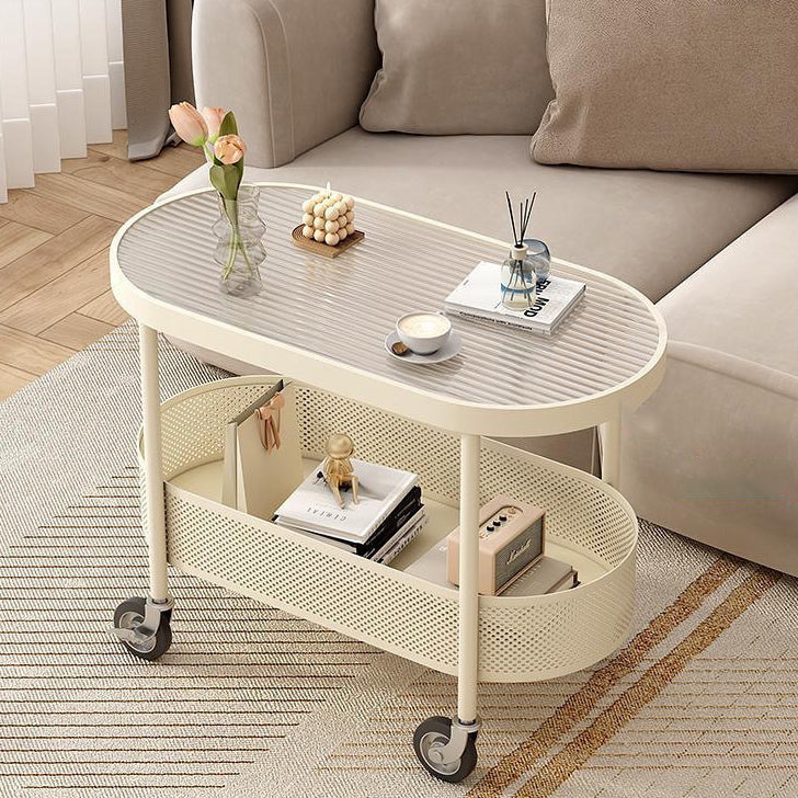 Modern Oval Glass Iron Movable End Table — White Glass / Black