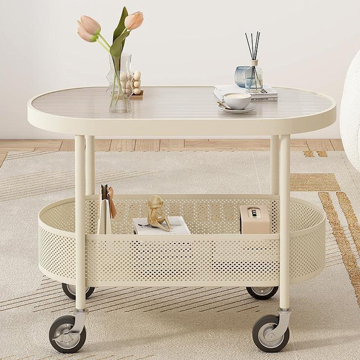 Modern Oval Glass Iron Movable End Table — White Glass / Black
