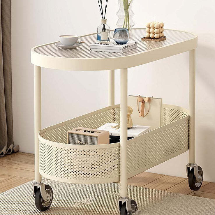 Modern Oval Glass Iron Movable End Table — White Glass / White