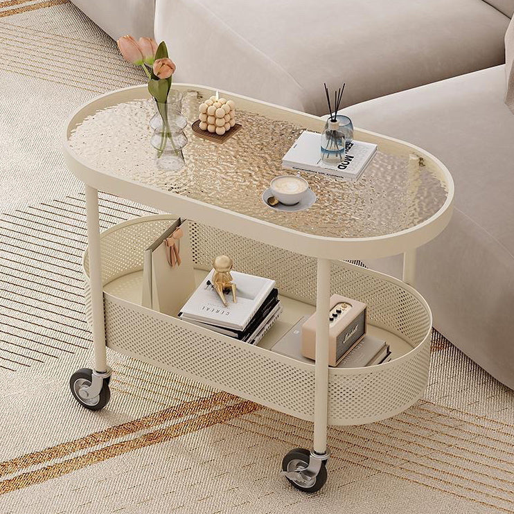 Modern Oval Glass Iron Movable End Table — Tea Color Glass / White
