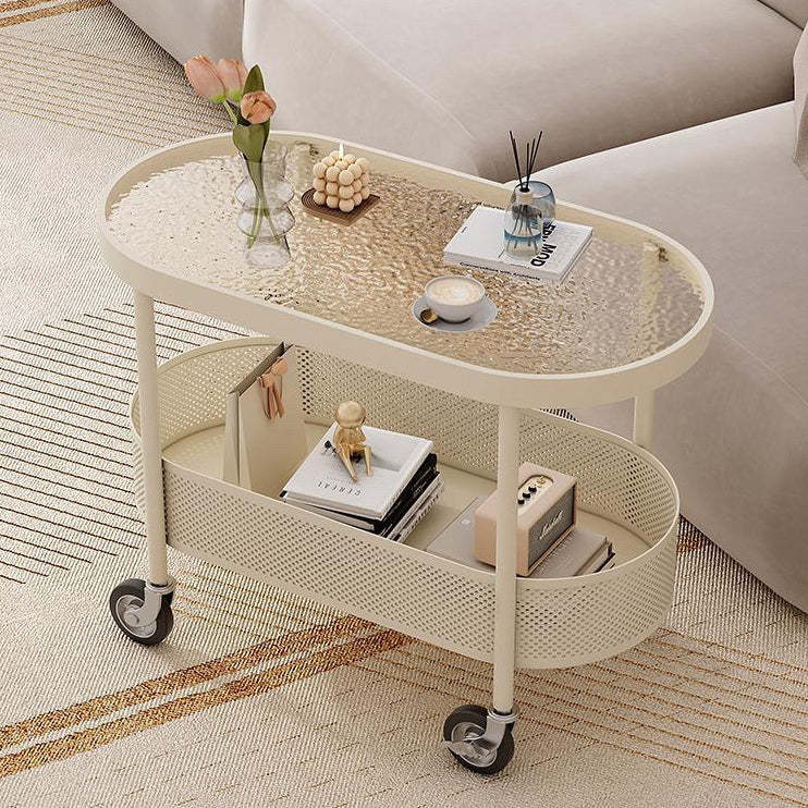 Modern Oval Glass Iron Movable End Table — Tea Color Glass / White
