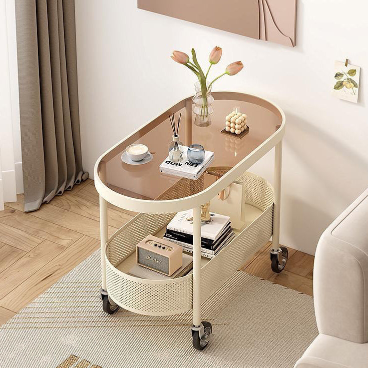Modern Oval Glass Iron Movable End Table — White Glass / White