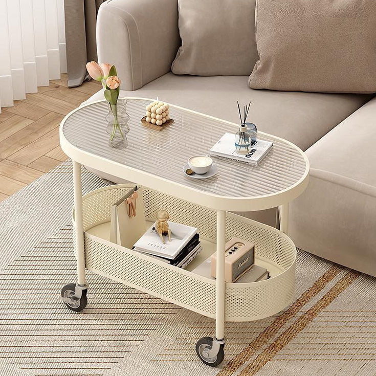 Modern Oval Glass Iron Movable End Table — Tea Color Glass / Black