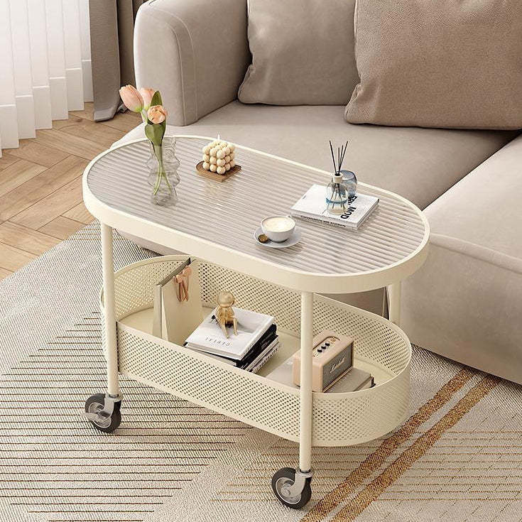 Modern Oval Glass Iron Movable End Table — Tea Color Glass / Black