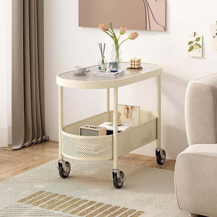 Modern Oval Glass Iron Movable End Table — Water Grain Glass / White