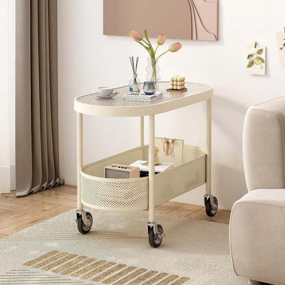 Modern Oval Glass Iron Movable End Table — Water Grain Glass / White