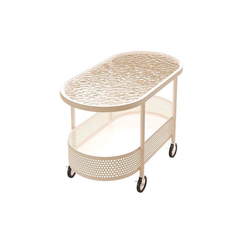 Modern Oval Glass Iron Movable End Table — Tea Color Glass / White