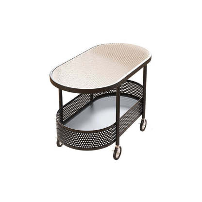 Modern Oval Glass Iron Movable End Table — Tea Color Glass / Black
