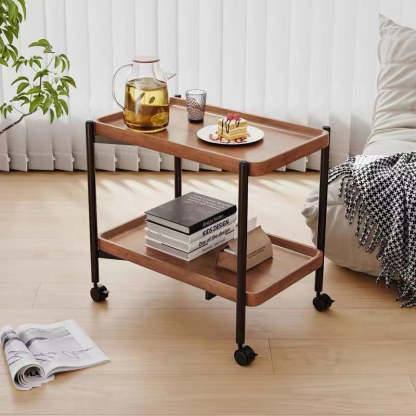 Minimalist Rectangular Iron 2-Tier End Table — Walnut Color