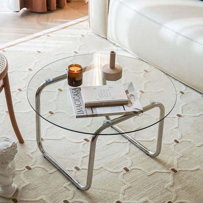 Scandinavian Round Glass Steel Coffee Table — Grey