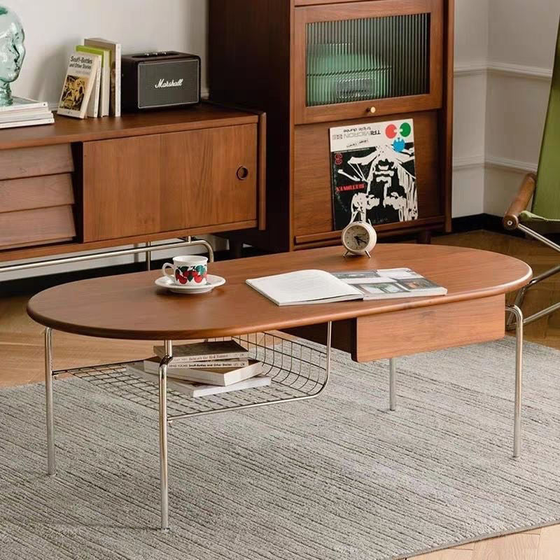 Japanese Wood Stainless Steel Coffee Table 1-Drawer — Walnut Color