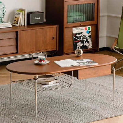 Japanese Wood Stainless Steel Coffee Table 1-Drawer — Walnut Color