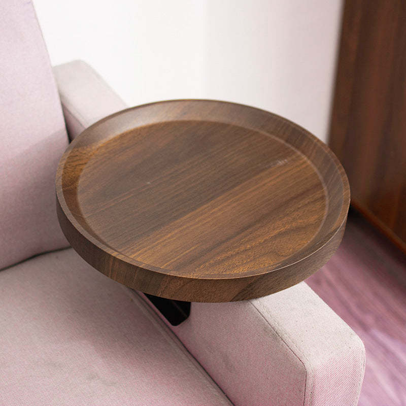 Round Wood Metal Side Table — Walnut Color
