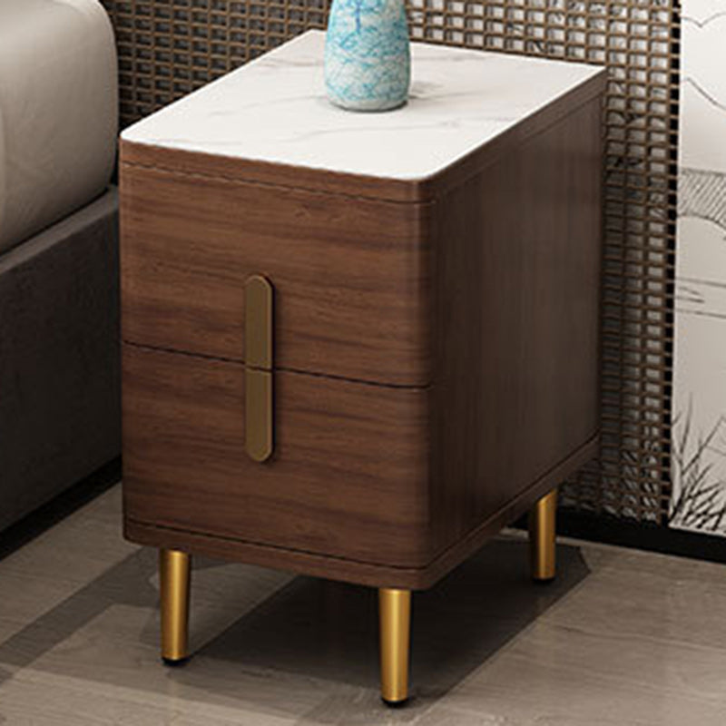 Minimalist Marble Wood 2-Drawer Nightstand — Walnut Color