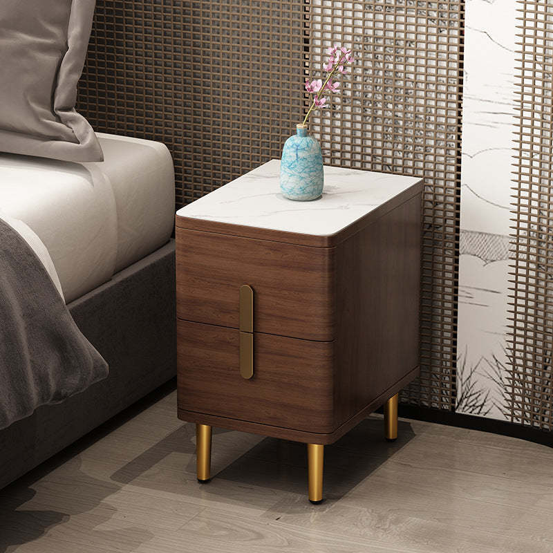 Minimalist Marble Wood 2-Drawer Nightstand — Black
