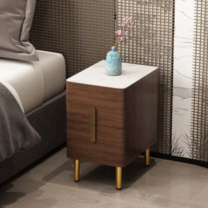 Minimalist Marble Wood 2-Drawer Nightstand — Black