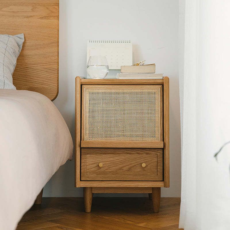 Scandinavian Rattan Wood 2-Drawer Nightstand — Walnut Color