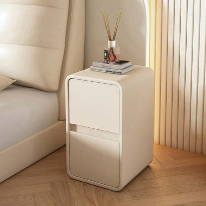 Scandinavian Leather Wood 2-Drawer Nightstand — White
