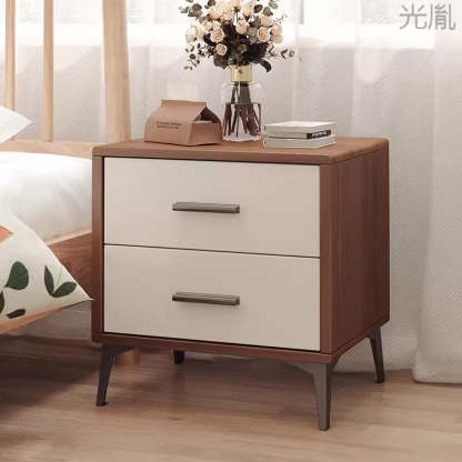 Minimalist Solid Wood Iron 2-Drawer Nightstand — Walnut Color
