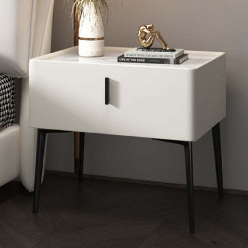 Modern Marble Leather Wood Nightstand — White