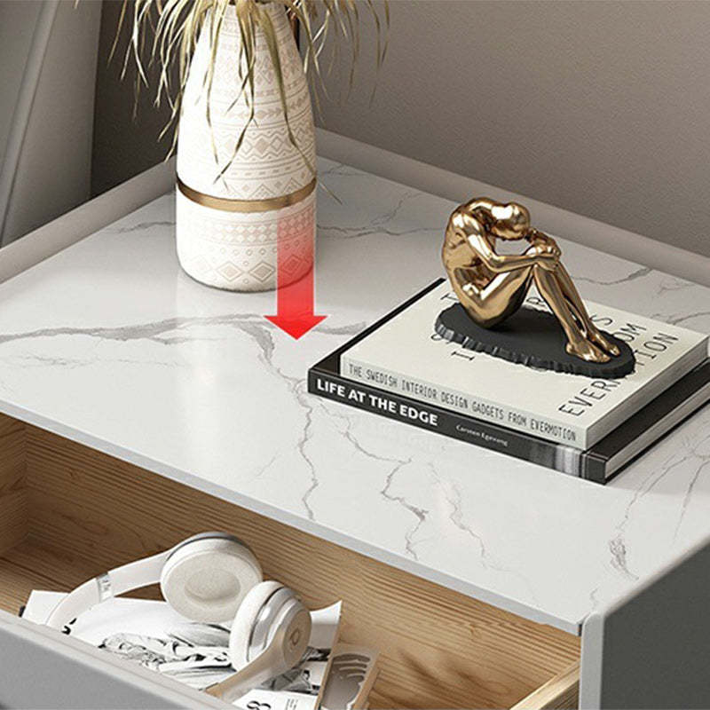 Modern Marble Leather Wood Nightstand — Light Grey