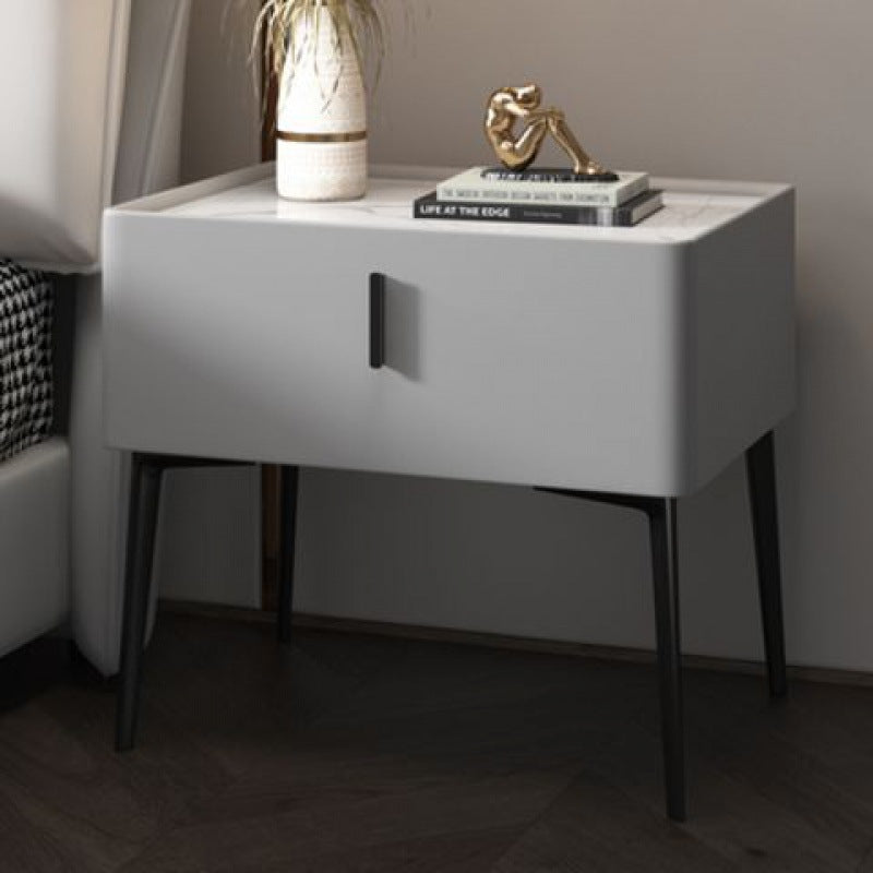 Modern Marble Leather Wood Nightstand — Light Grey